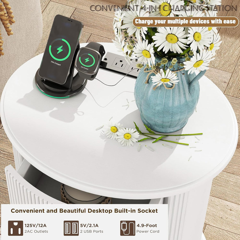Mirightone Round End Table with Charging Station, Wood Side Table with Storag...