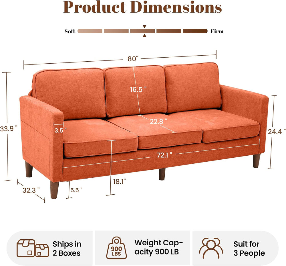 80" Chenille Sofa Mid Century Modern 3 Seater Couch for Living Room Office