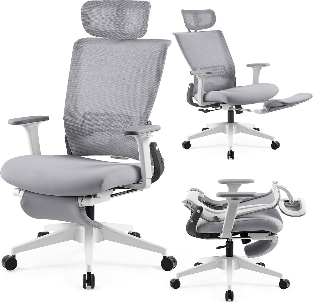 Ergonomic Foldable Office Chair with Footrest and Lumbar Support, Grey
