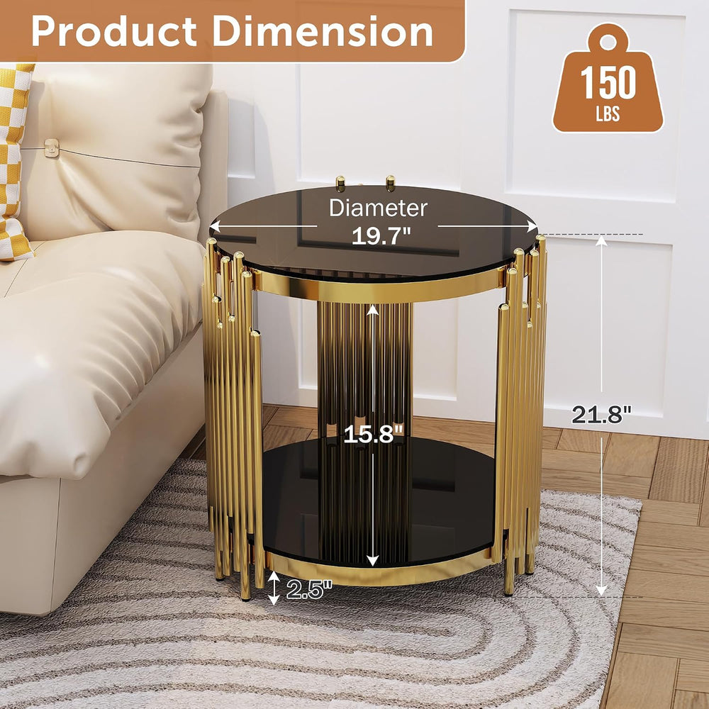 Luxury Gold Round Glass End Table, 19.7" Modern Side Table with Stainles...