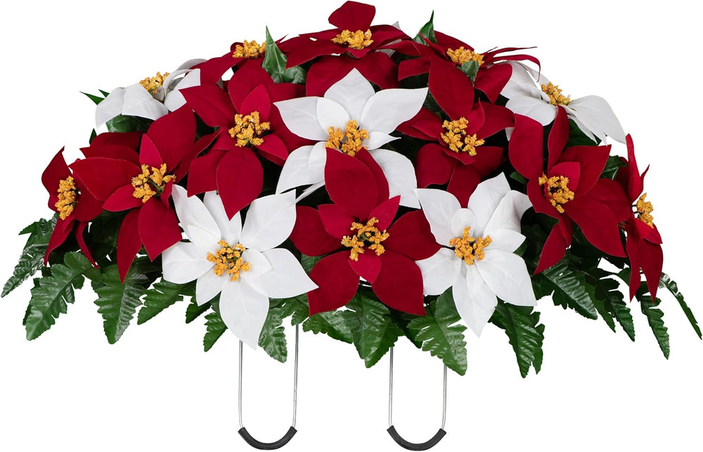 Sympathy Silks 30-Inch Christmas Headstone Saddle, Red & White Poinsettias