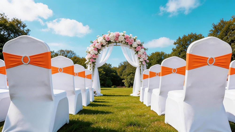 50 Pack Spandex Orange Chair Sashes for Wedding Stretch Chairs Bows Bands wit...