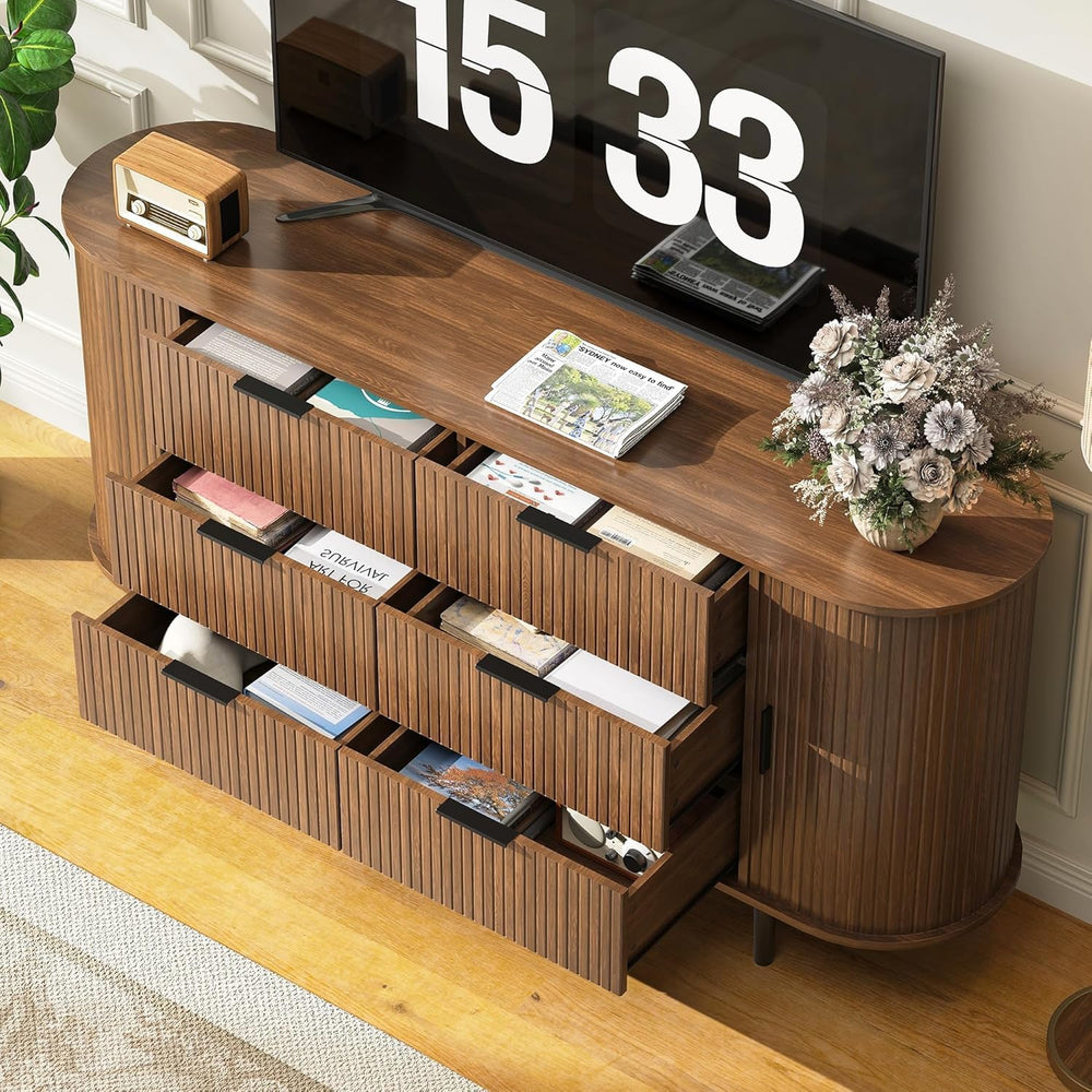 63" Wide Fluted 6 Drawer Dresser for Bedroom, Modern Wood Chest of Drawe...
