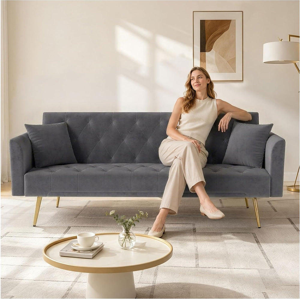 71" Gray Velvet Sofa Bed, Convertible Futon Couch, Adjustable Back
