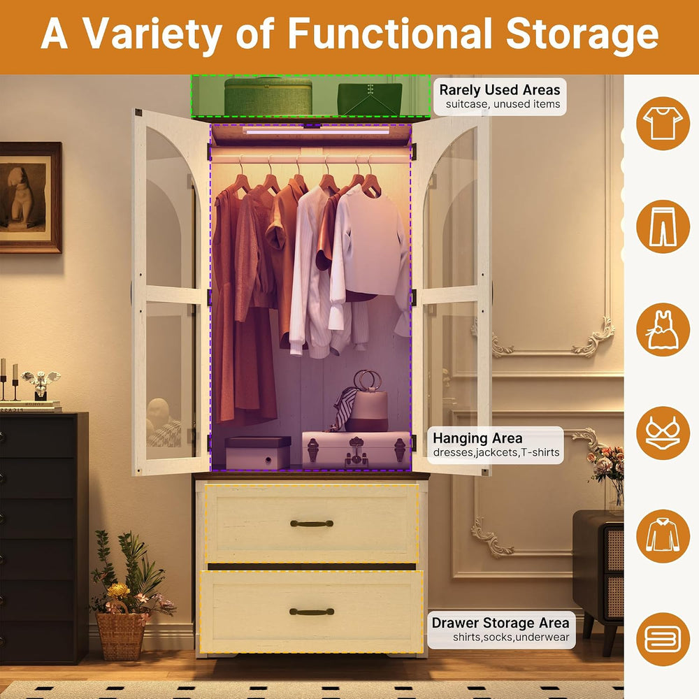Tall Farmhouse 2 Doors Armoire Wardrobe Closet with LED ,72" Freestandin...