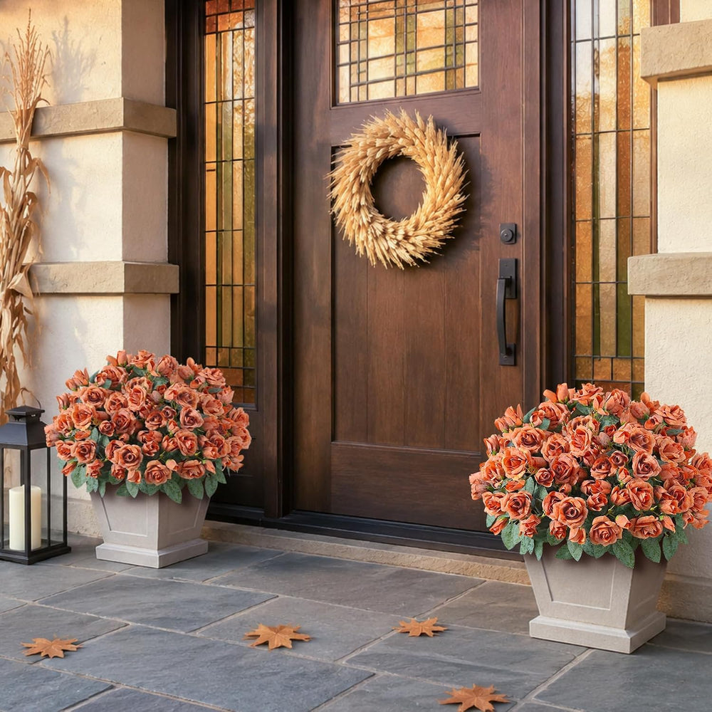 2Pcs Artificial Fall Rose Flower Topiary Tree for Front Porch Decor(Orange)