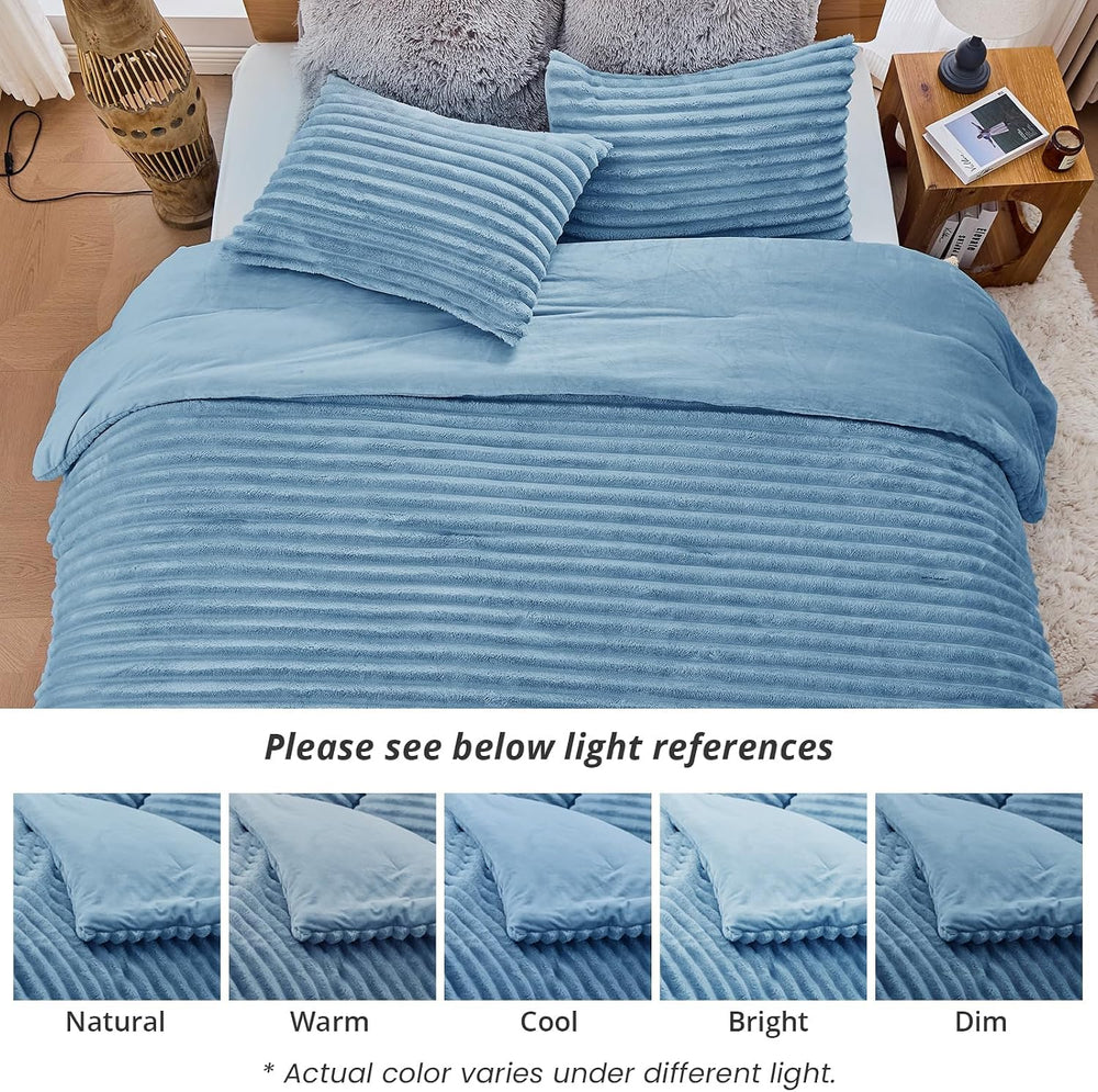 Sasttie Fluffy Queen Comforter Set, 3 PC Soft Fleece Bedding, Greyish Blue