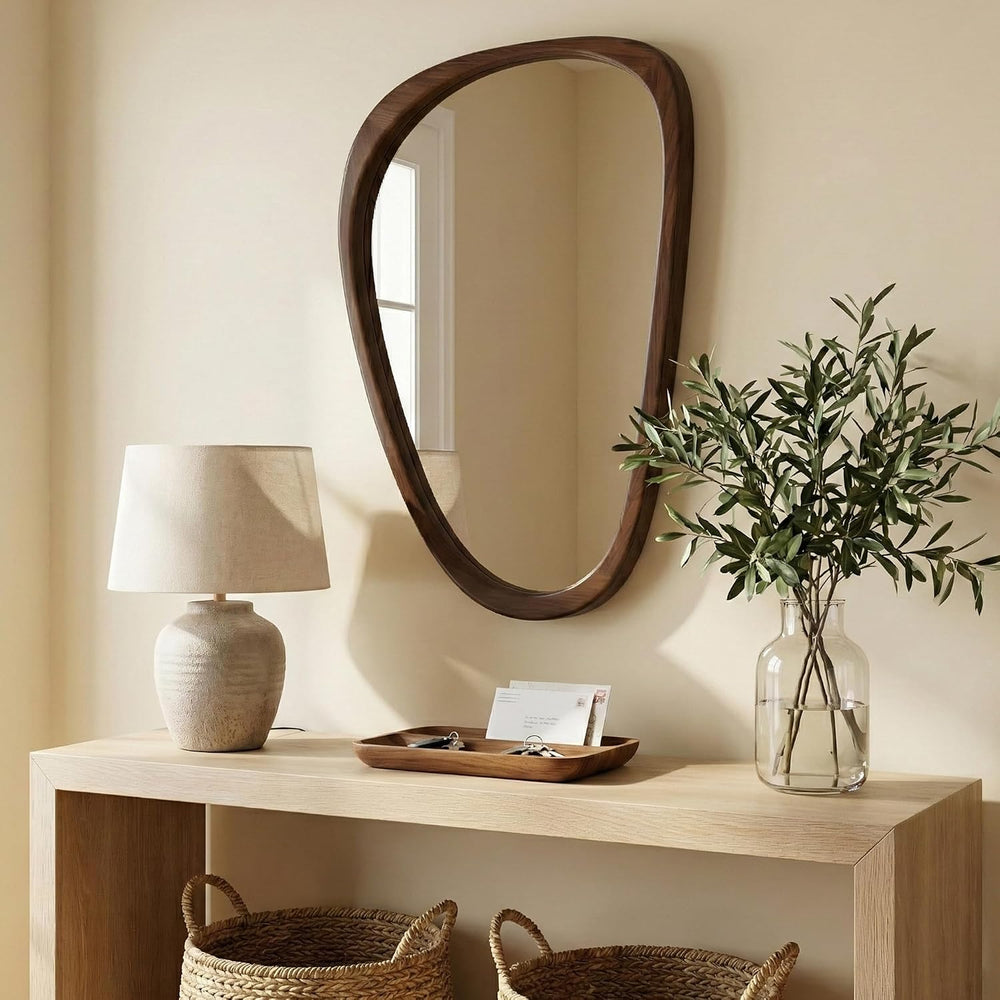 20x30 Inch Dark Walnut Asymmetrical Wood Wall Mirror for Entryway