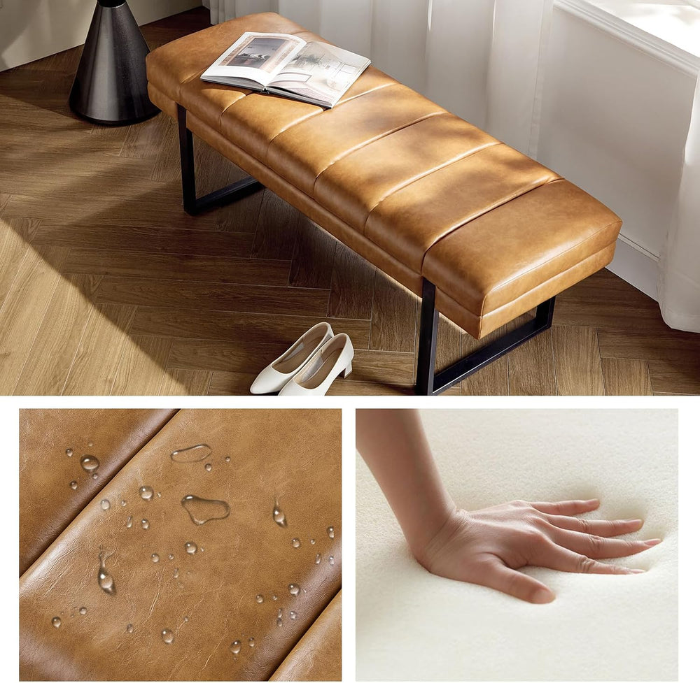 HULALA HOME 53" Faux Leather Tufted Entryway Bench, Camel