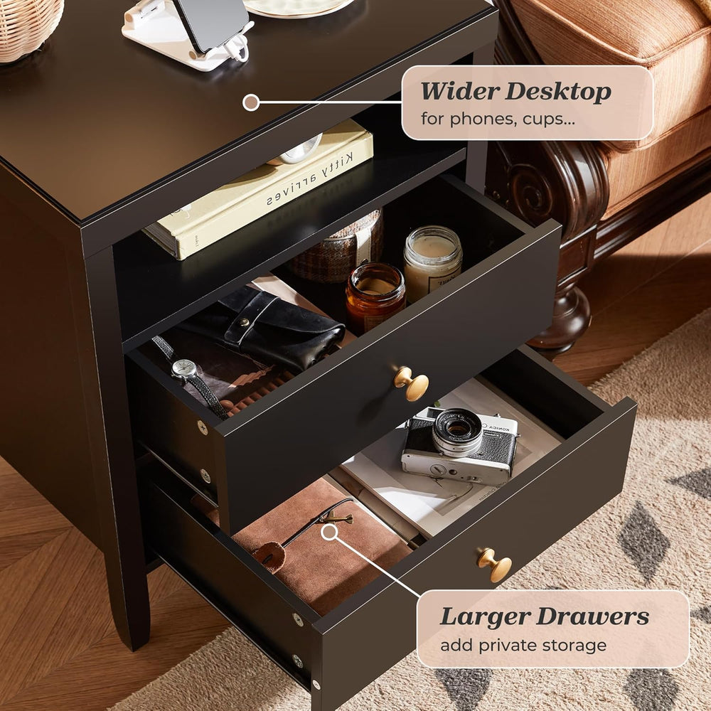 Huuger Nightstand with Charging Station, Black Nightstand with 2 Drawers, Bed...