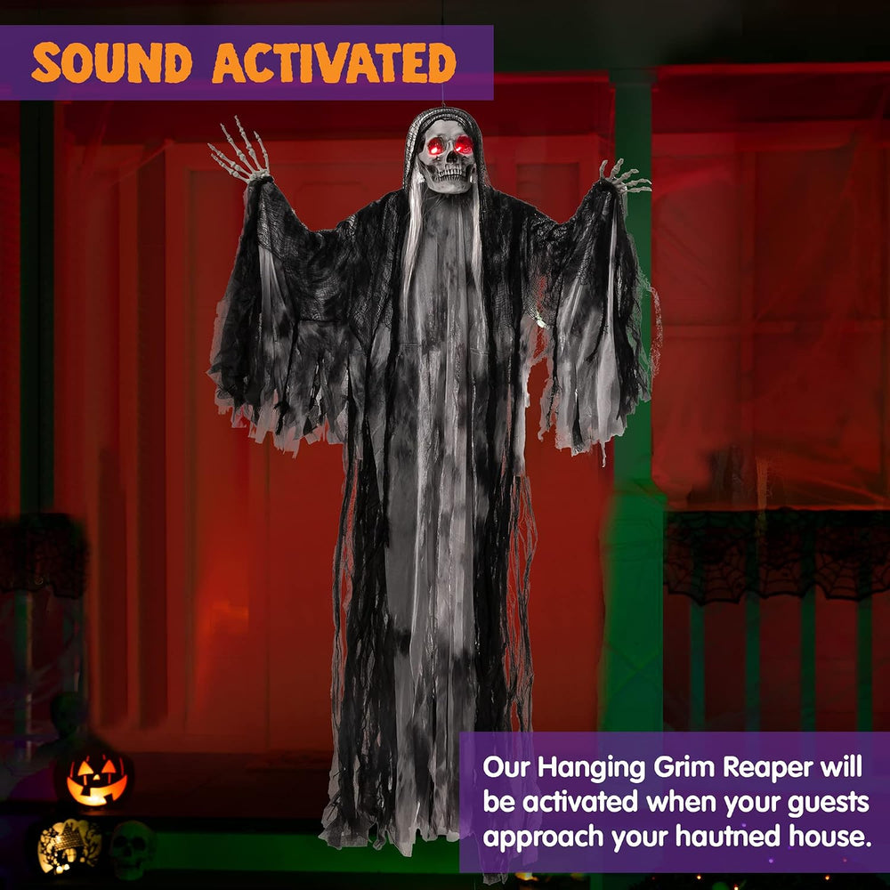 JOYIN Halloween Animated Hanging Grim Reaper Outdoor Decorations with Voice C...