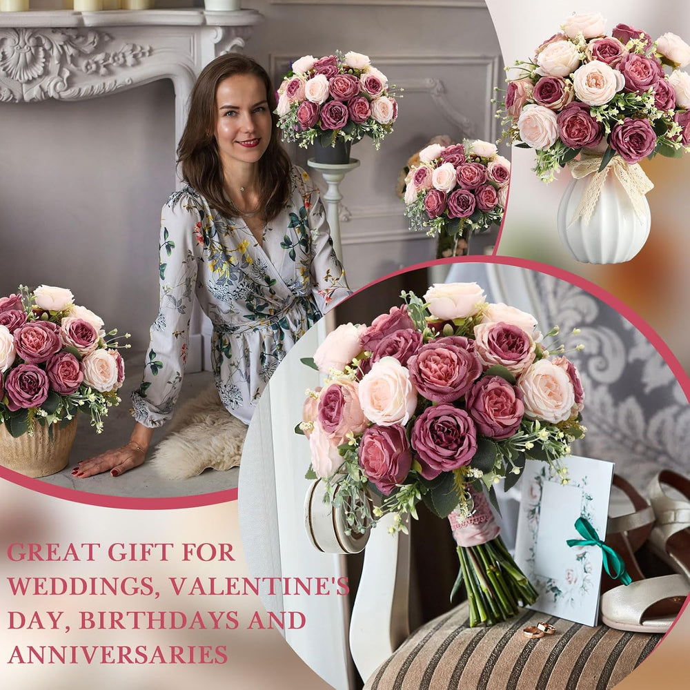 Geosar 16 Bundles Artificial Peonies Flowers,Dusty Pink, Dusty Rose