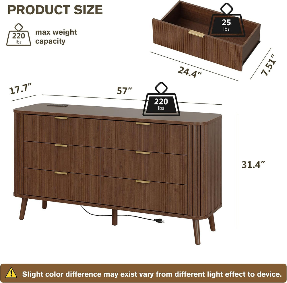 Alohappy Fluted Dresser with Charging Station, 57" W 6-Drawer, Walnut