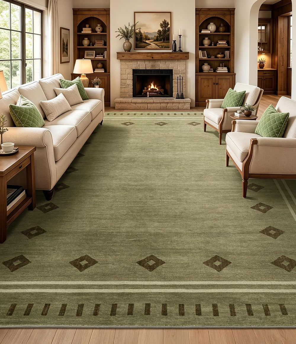 YIHOUSE Green Diamond Bordered Rugs for Living Room 8x10, Non-Slip Washable F...