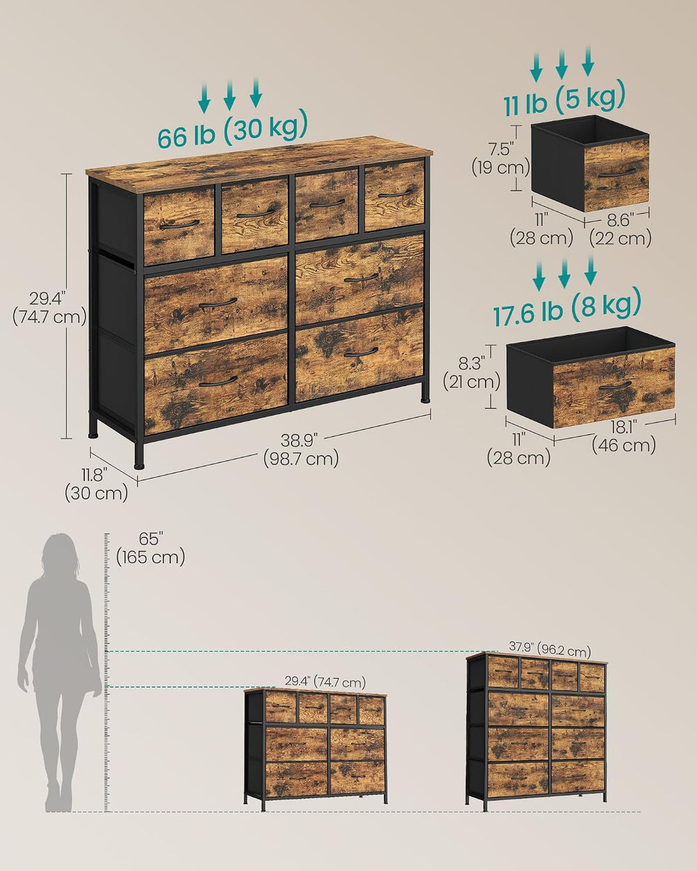 SONGMICS Wide Dresser for Bedroom, 8 Fabric Drawers with Steel Frame