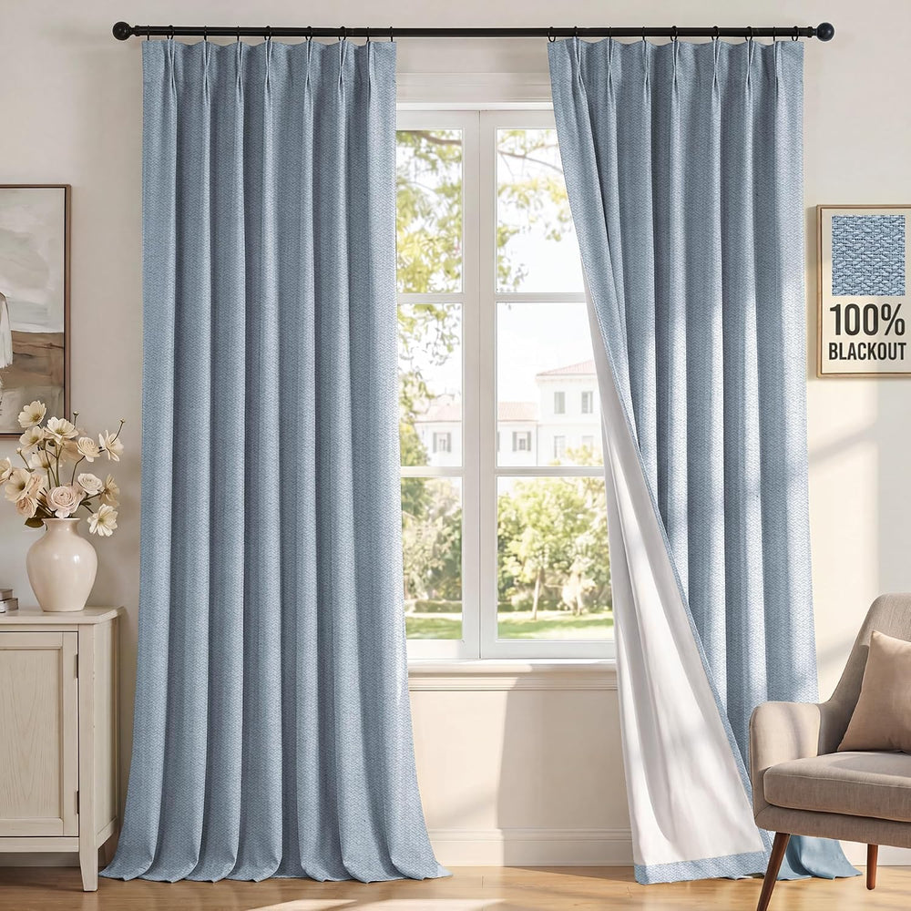 H.VERSAILTEX Slate Blue 100% Blackout Pinch Pleated Curtains 108 Inch Long