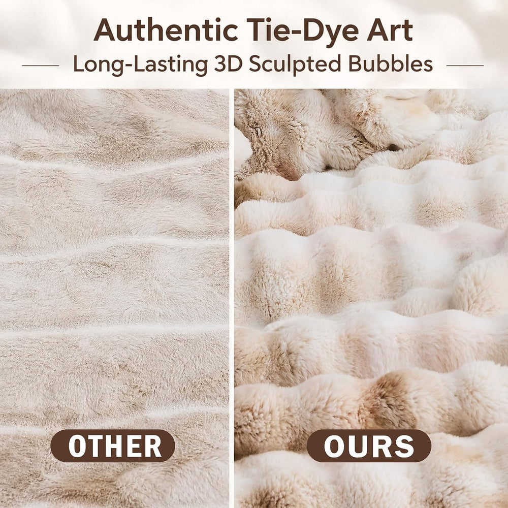 Wonderful - 3D Bubble Tie Dye Faux Rabbit Fur Comforter Set, Queen, Beige