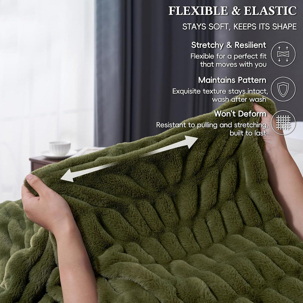 David's Home Double-Sided Faux Rabbit Fur Ruched Throw Blanket, Winter Moss