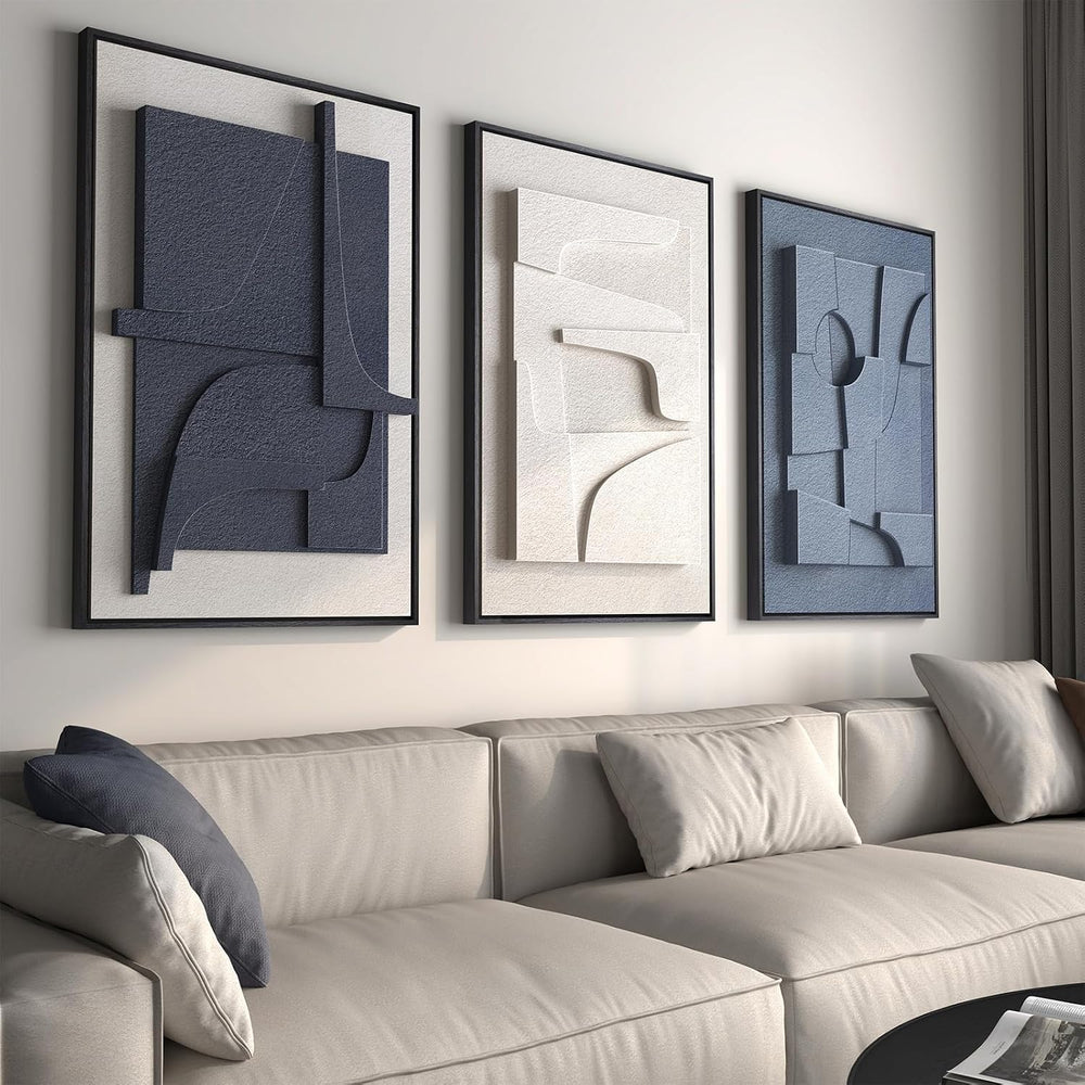 Large Framed Blue Abstract Wall Art for Living Room, Modern 3D Artwork