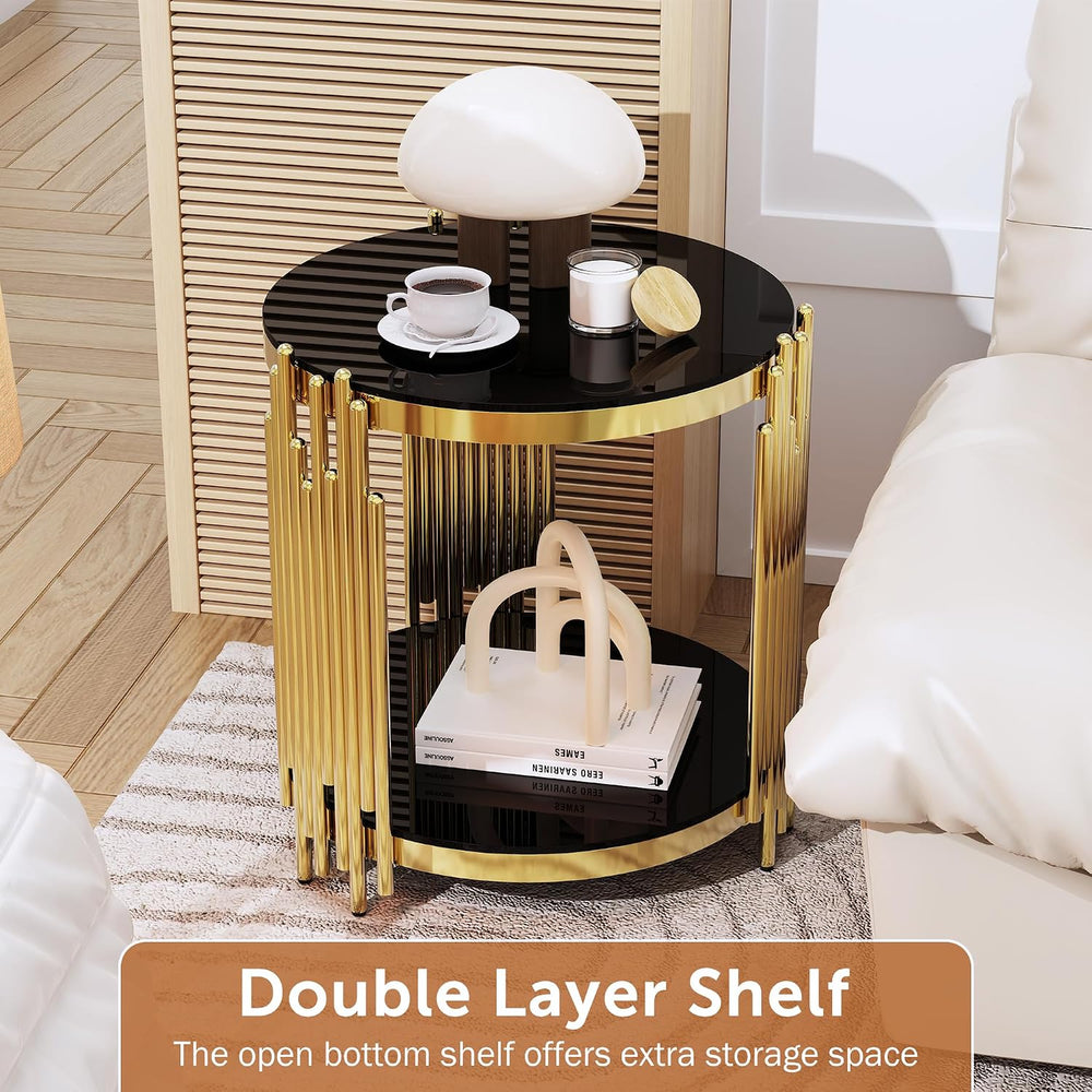 Luxury Gold Round Glass End Table, 19.7" Modern Side Table with Stainles...