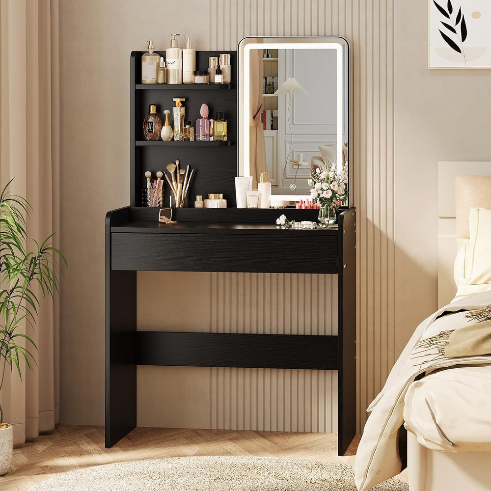 Memobarco Black Small Makeup Vanity Desk with Drawer & Storage Shelves | ...