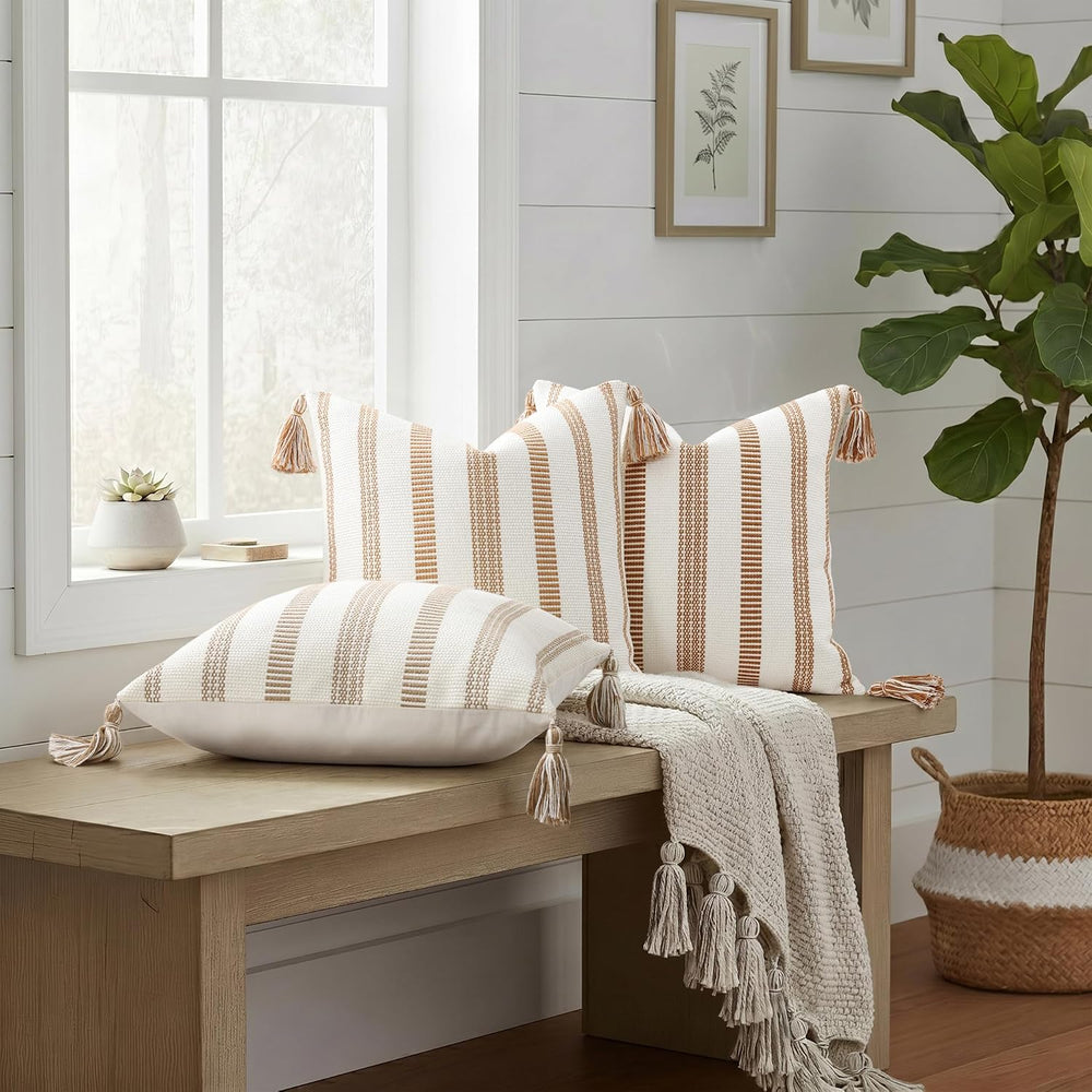 Smile Bee Outdoor Striped Pillow Covers 18x18 Set of 2 Brown and White