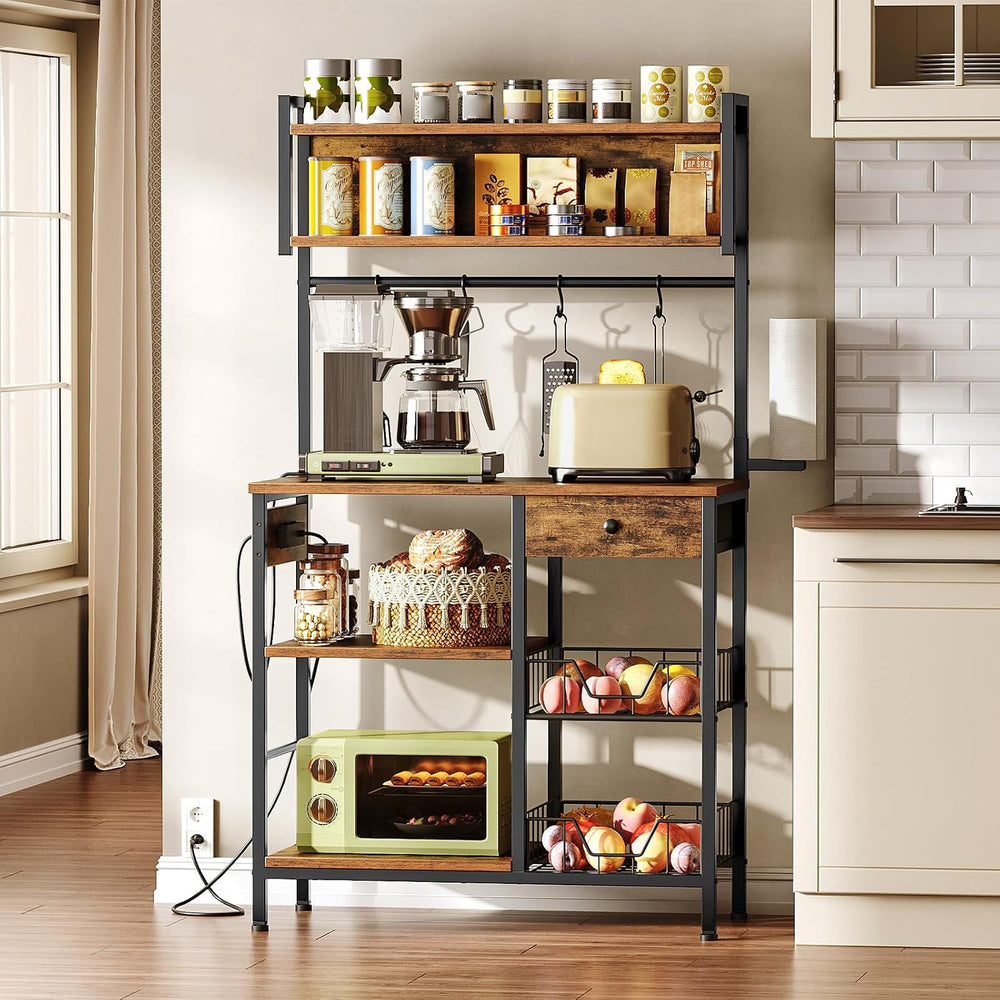 HOOBRO Bakers Rack with 4 AC Power Outlets, 5-Tier Coffee Bar with Wire Baske...