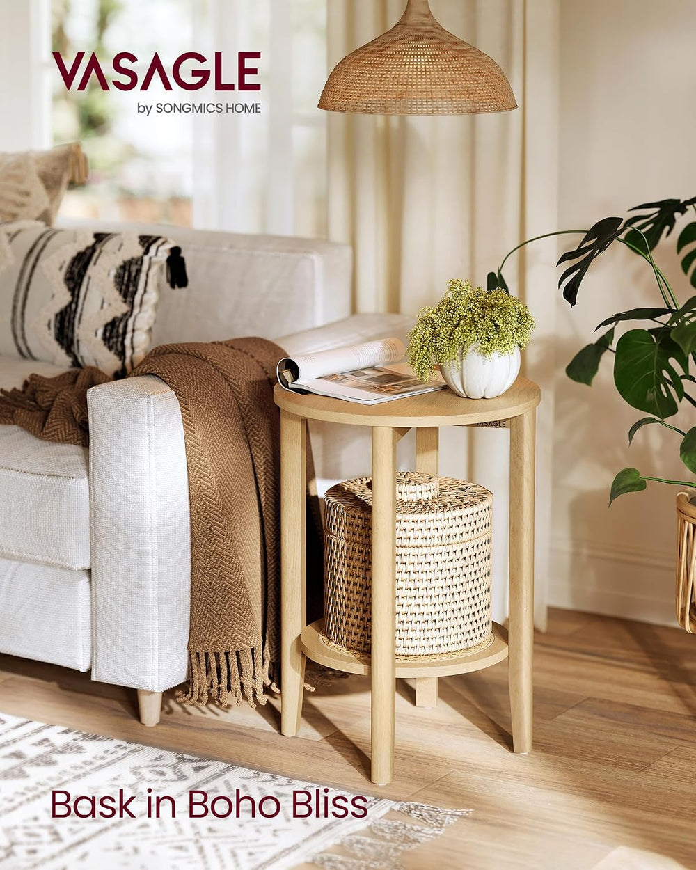 VASAGLE Round Side End Table, 2-Tier Boho Bedside Table with Rattan-Look Stor...