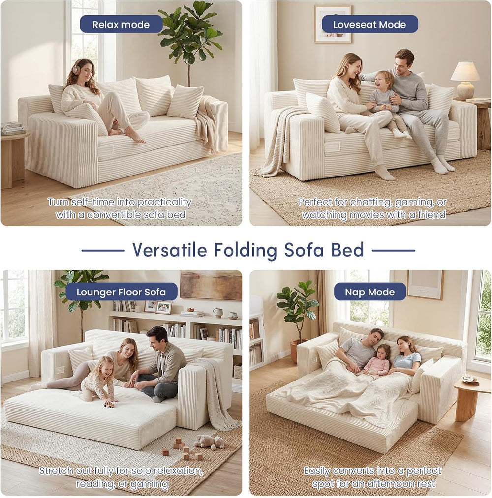 3 Seater Boneless Couch for Living Room, Convertible Futon Sofa Bed Comfy Pul...