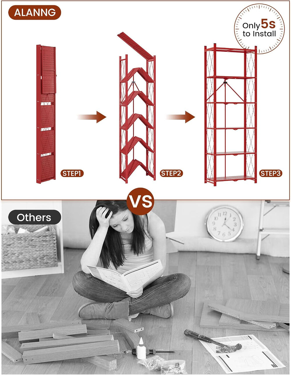 ALANNG 73.6 Inch Folding Bookshelf, 6 Tier Metal Bookcase and Bookshelves | T...