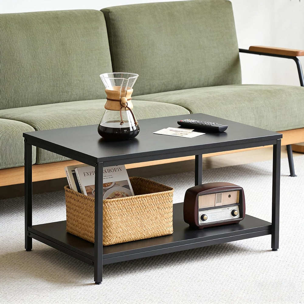 SUPER DEAL 2-Tier Industrial Coffee Table with Storage Shelf for Small Apartm...