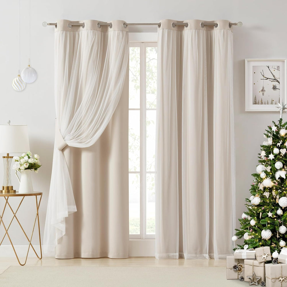 Bujasso Beige 90% Blackout Curtains with Sheer Overlay Mix and Match Double L...