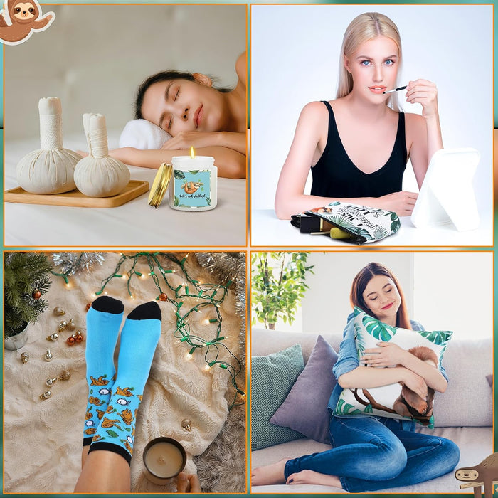 9 Pcs Sloth Gifts for Sloth Lovers Set for Women Include 60 x 50'' Blanket Mug Makeup Bag Tote Bag Pillowcase Card Socks Keychain Candle for Employee