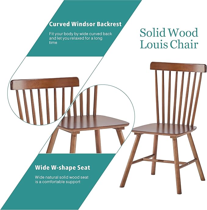Walnut Solid Wood Windsor Dining Chairs Set of 2 with Spindle Back (Windsor-2...