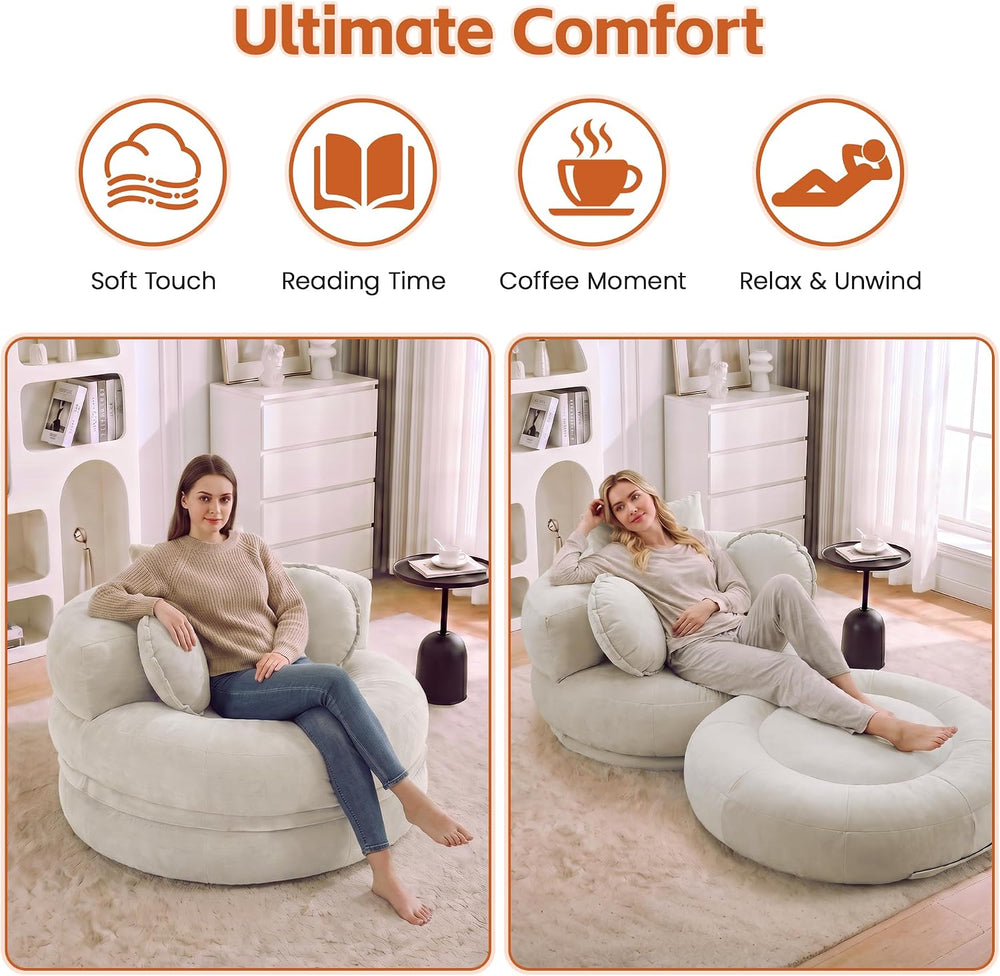 Boneless Convertible Round Floor Sofa Chair with Expandable Seat, Beige