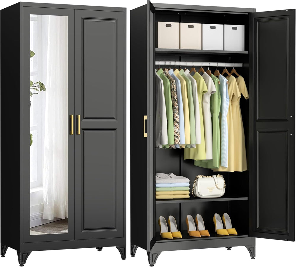 Metal Armoire Wardrobe Closet with Mirror, 71" Tall Black Cabinet