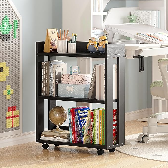 ALISENED Small Bookshelf and Bookcase, 3 Tier Wood Nightstand with Wheels, Mo...