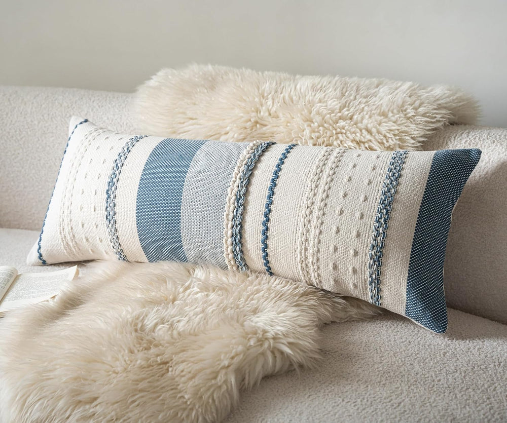 Cethom Boho Lumbar Pillow Covers 14x36 Inch Long, Blue Textured Decorative Co...