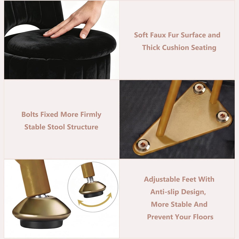 Garvee Vanity Stool Chair with Storage, Folding Back,Faux Fur,Black,Small