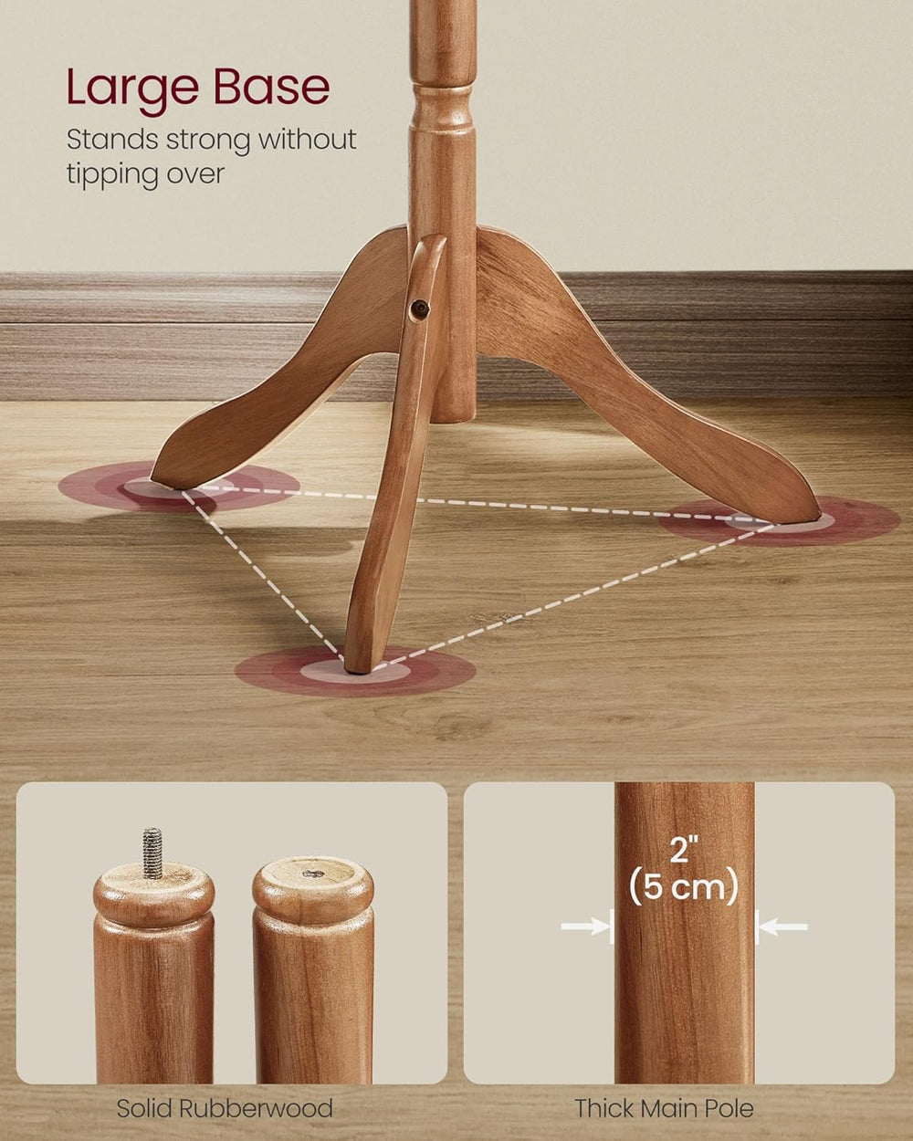 VASAGLE Solid Wood Coat Rack and Stand, Free Standing Hall Coat Tree with 10 ...