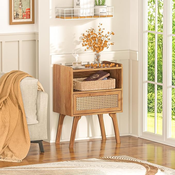 Lerliuo Rattan Nightstand, Side Table with Drawer Open Shelf, Cane Accent Bed...