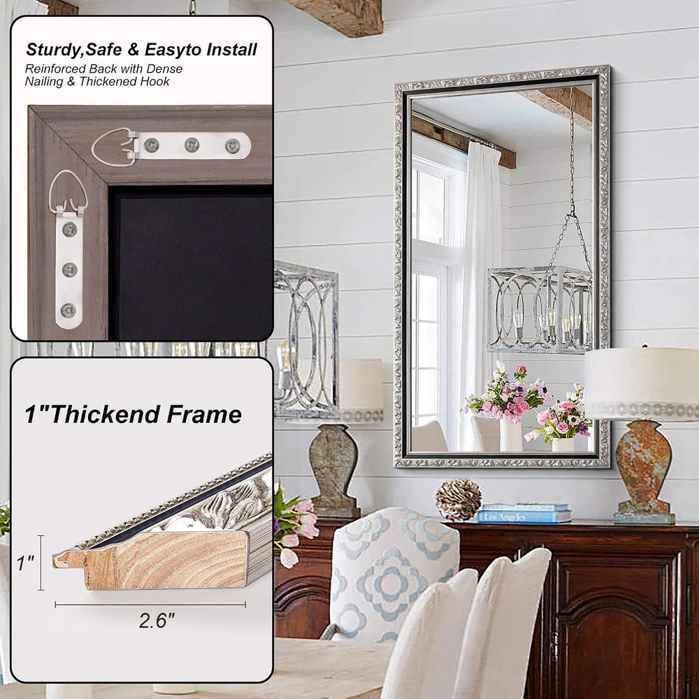 46x22 Inch Baroque Carved Solid Wood Wall Mirror, Antique Silver