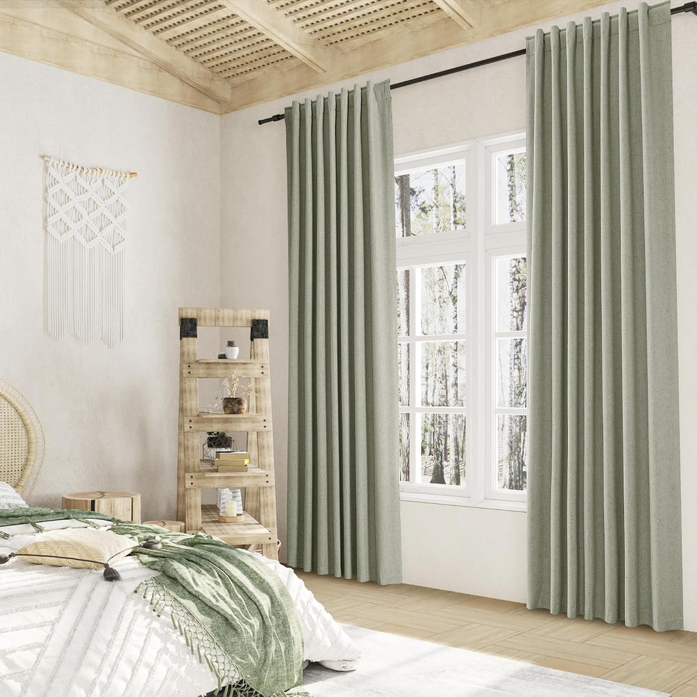 100% Blackout Linen Curtains 84 Inch Long 2 Panels Sage Green