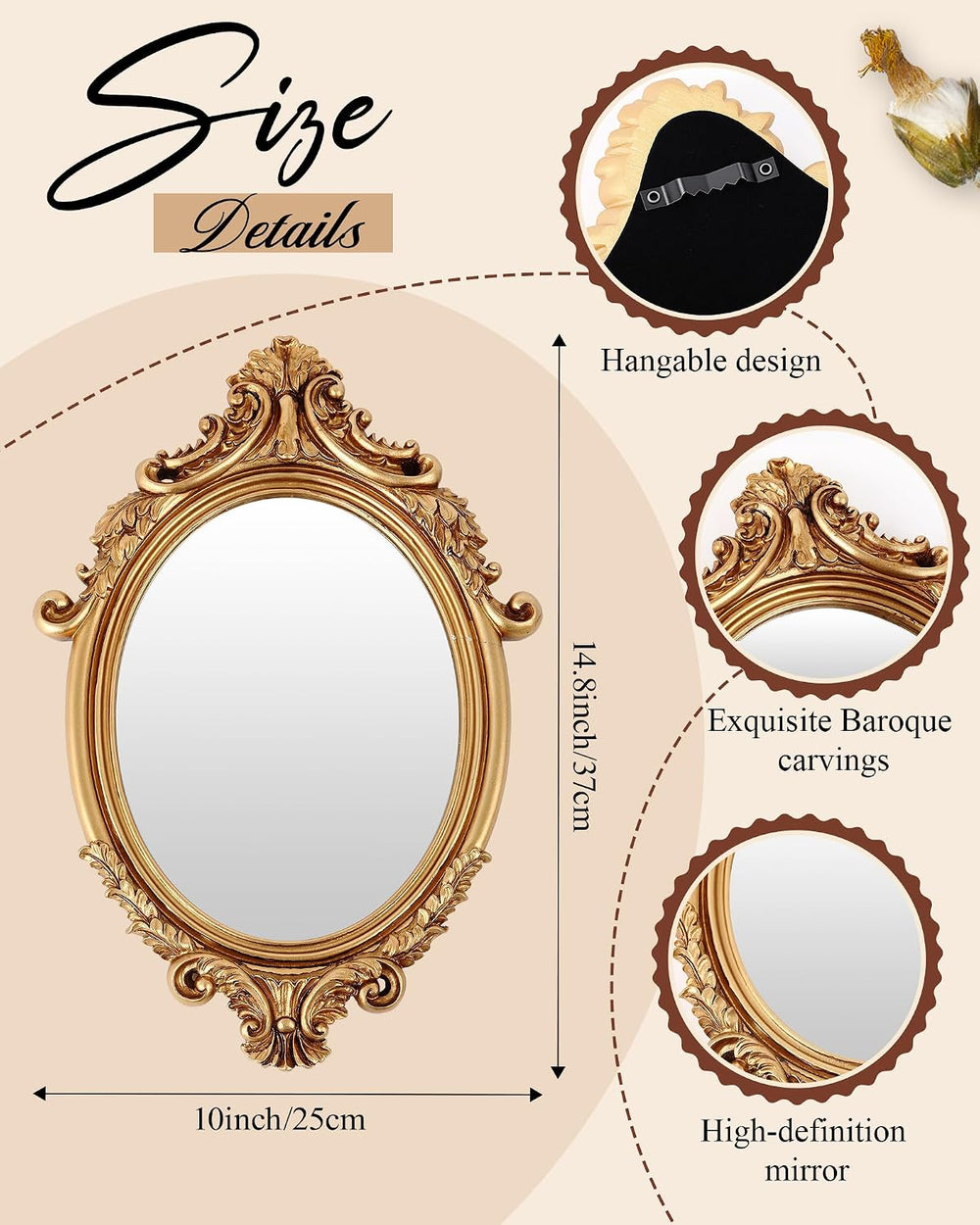 3 Pcs Vintage Gold Wall Mirror Set, Court Baroque Style