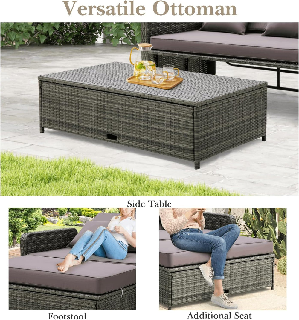 Multigot Double Rattan Daybed, 4-Level Adjustable Wicker Sun Lounger with Sto...