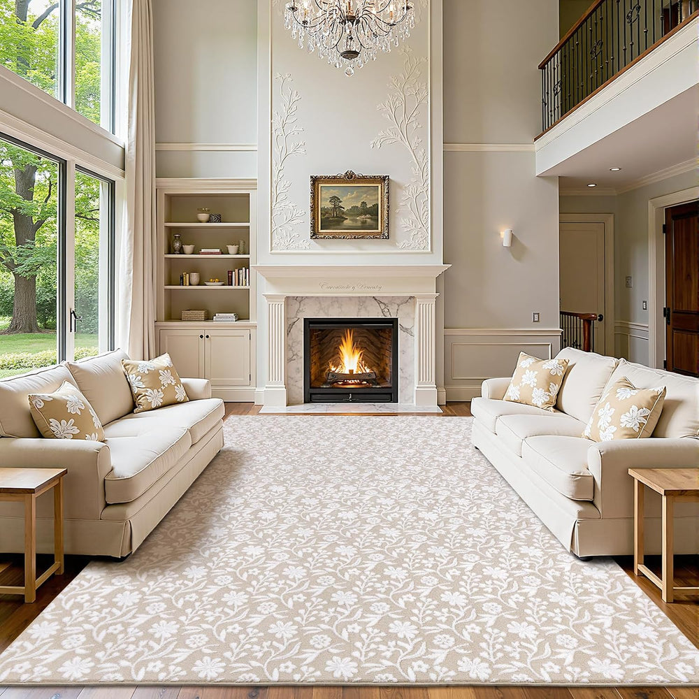 Vaukki 8x10 Area Rug for Living Room, Beige White Throw Carpet for Bedroom