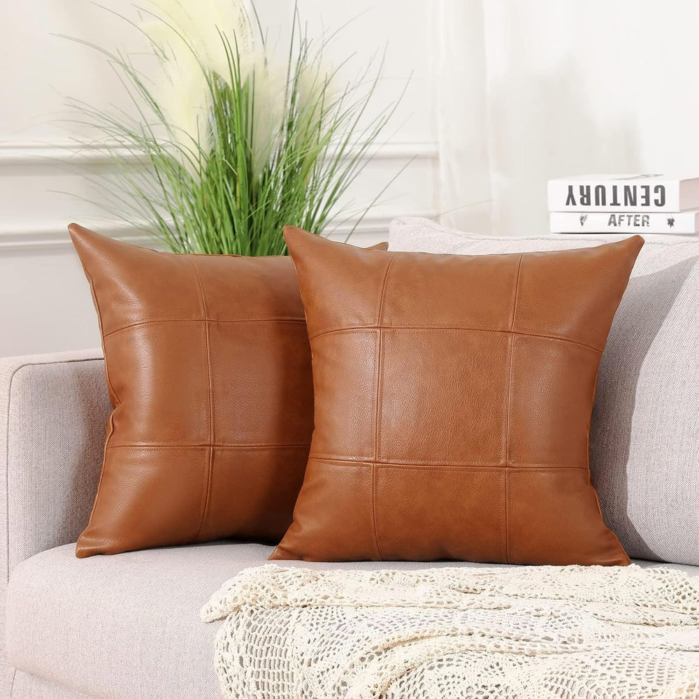 MANDIOO Set of 2 Classic Plaid Faux Leather Decorative Throw Pillow Covers,Ha...