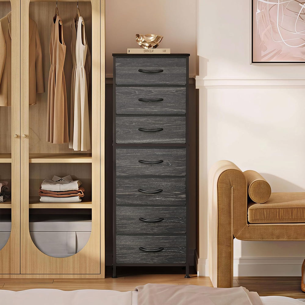 WLIVE Tall Dresser for Bedroom, 7 Drawer Dresser, Black Wood Grain