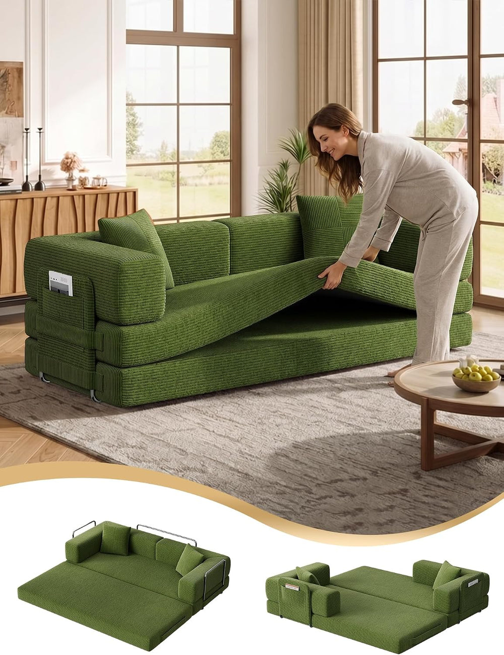 79.5" 5-in-1 Convertible Futon Sofa Bed, Boneless Corduroy, Green