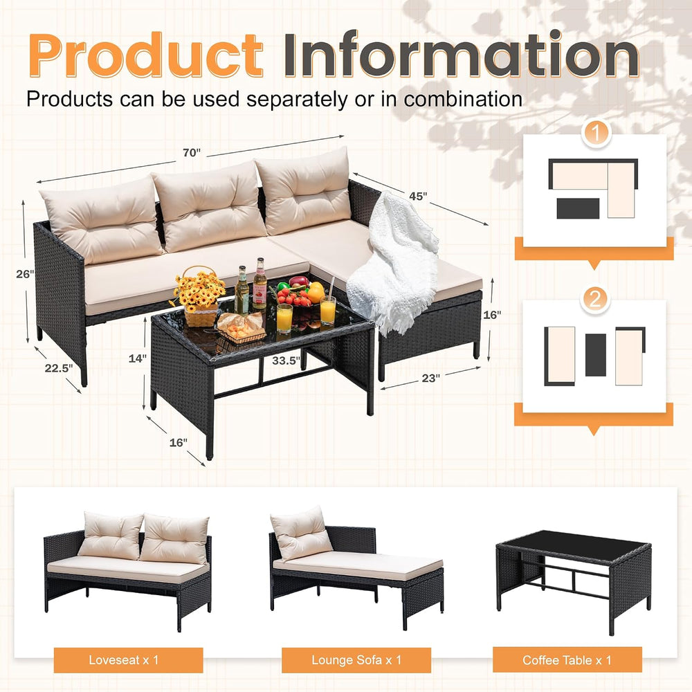 Devoko Outdoor Patio Furniture 3-Piece Rattan L Shaped Sectional Sofa Beige